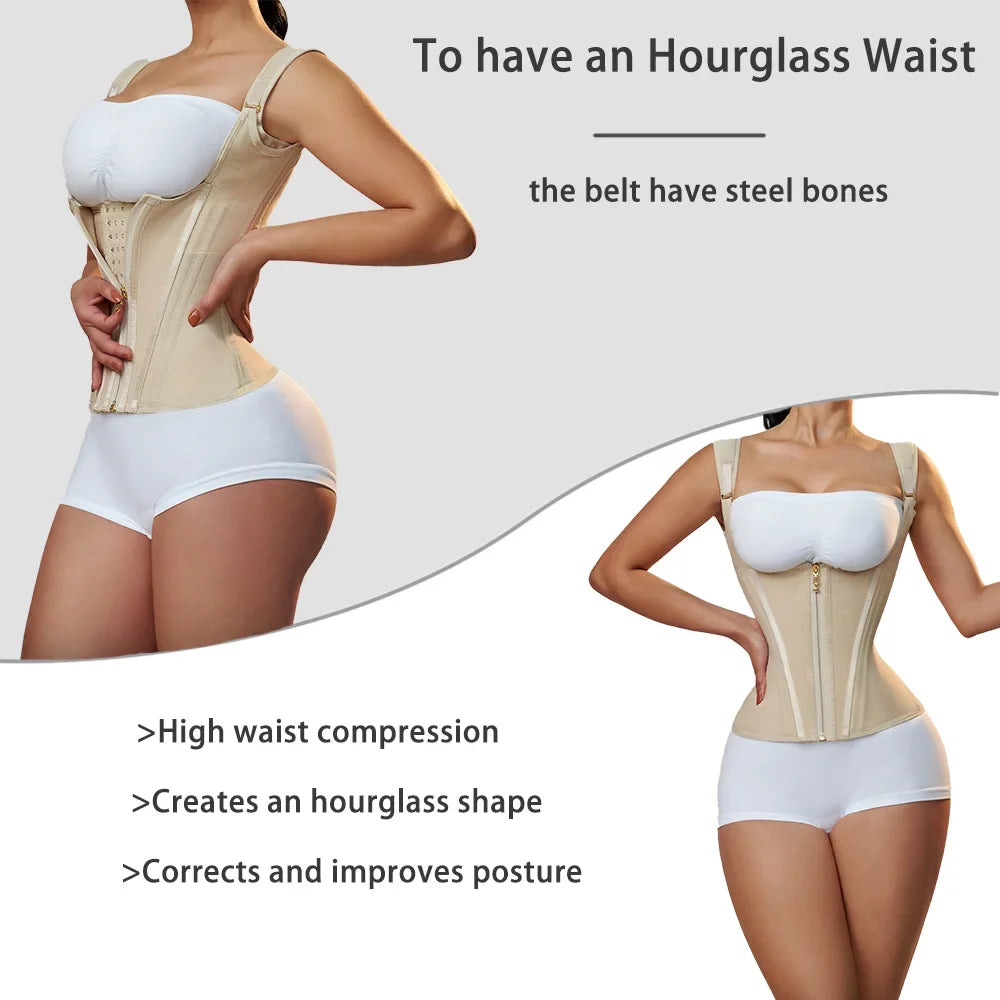 Fajas Colombianas Women Double Compression Waist Trainer Corset with Bone Adjustable Zipper and Hook-eyes Flat Belly Body Shaper