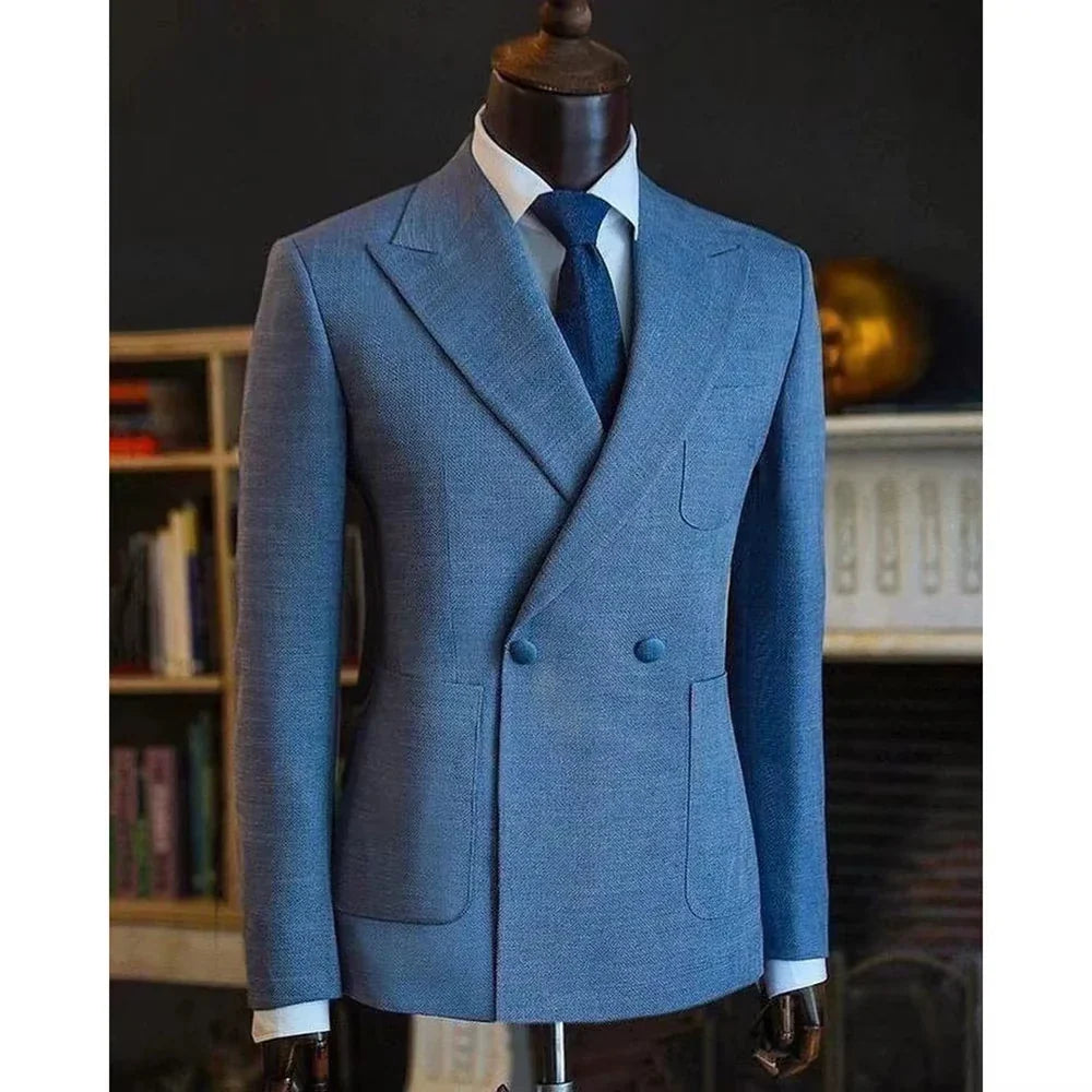 Luxury Men's Classic Suit Blazer Linen Double Breasted Notch Lapel Formal Groom Wedding Dress Jacket Lightweight Sport Coat