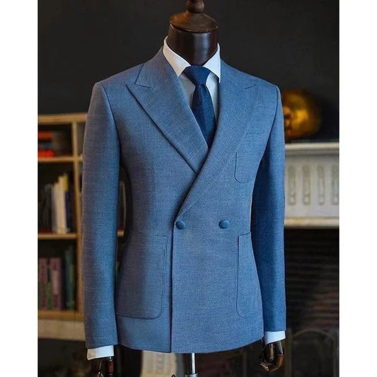 Luxury Men's Classic Suit Blazer Linen Double Breasted Notch Lapel Formal Groom Wedding Dress Jacket Lightweight Sport Coat