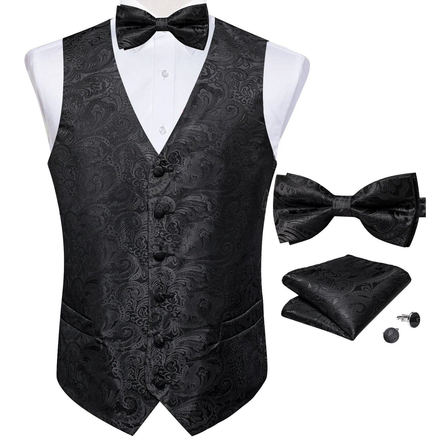 Retro Paisley Floral Full Set with Bowtie Pocket Square and Cufflinks Banquet Essential