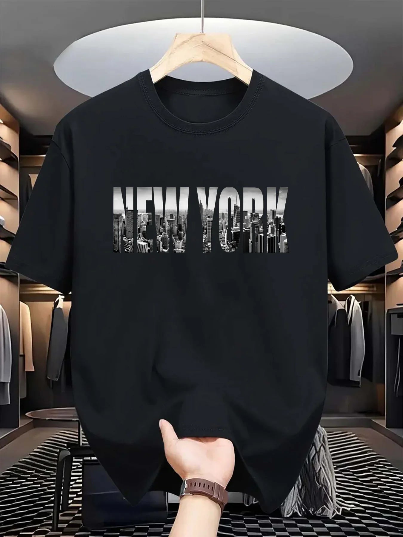Summer men's 100% pure cotton casual loose plus size New York City printed sports comfortable round neck short sleeved T-shirt