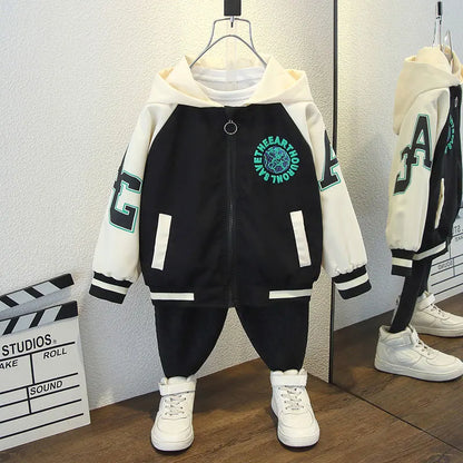 Fashion Boys Color Block Baseball Jacket 2025 Spring Autumn Baby Girl Letter Print Casual Hooded Zipper Coats Kid Clothes 2-12 Y