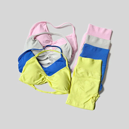 Yoga Set Fitness Gym Women Solid High Waist Peach Short Legging Halter Neck Sport Bra Athletic Gym Suit