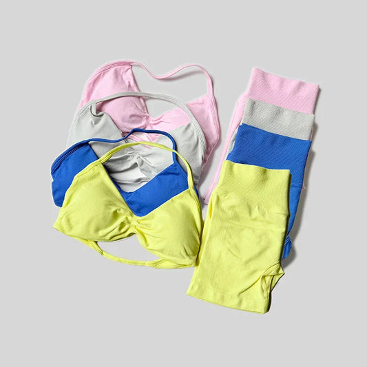Yoga Set Fitness Gym Women Solid High Waist Peach Short Legging Halter Neck Sport Bra Athletic Gym Suit