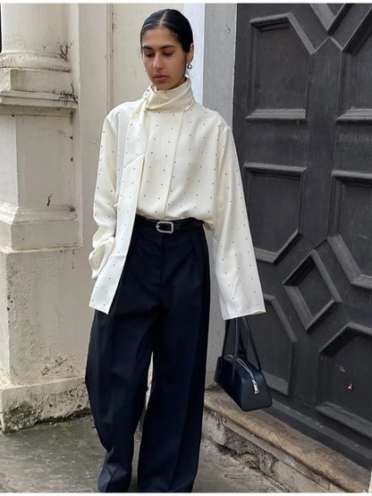 Satin Scarf Neck Polka Dot Printing Women Blouse Full Sleeve Loose Basic Shirt Lady Fashion Autumn New Highstreet Commute Wear