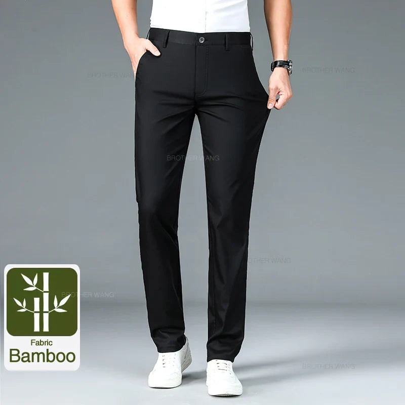 Bamboo Fiber Fabric Men's Casual Pants Summer New Ultra-thin Elastic Soft Straight Business Trousers Classic Black Khaki Gray