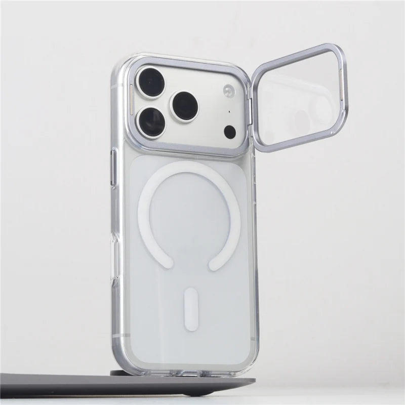 For Magsafe Folding Lens Holder Clear Magnetic Case For iPhone 17Pro Max 15 16Pro 17 With Camera Tempered Glass Hard Back Cover