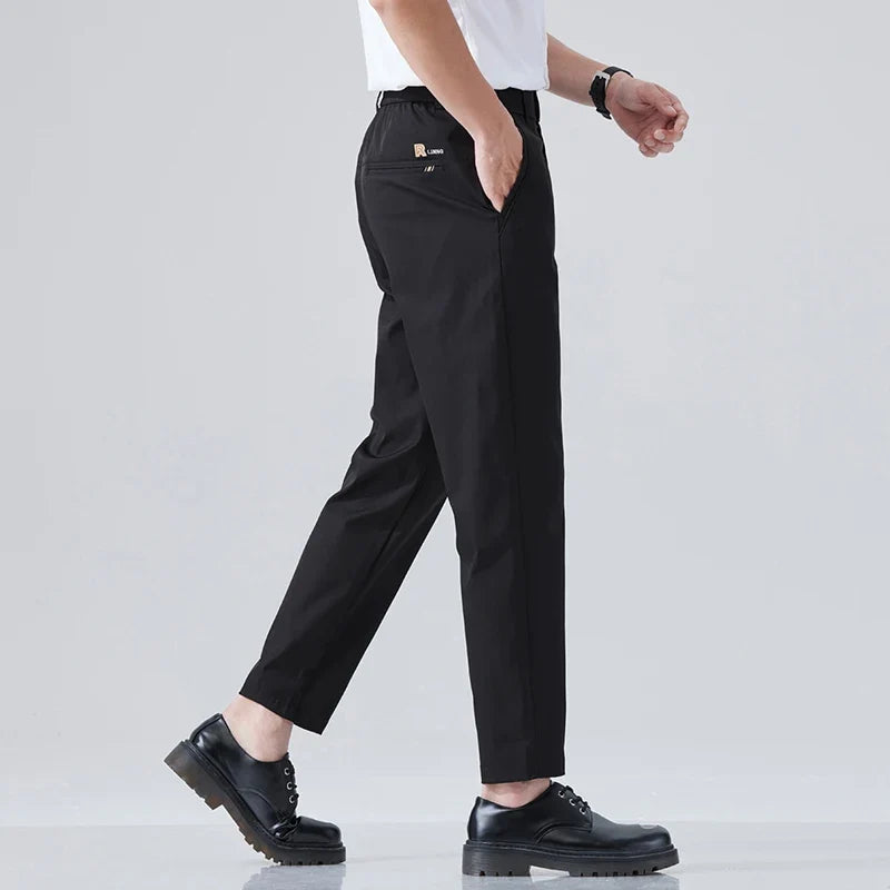 2026 Spring Summer Thin Ice Silk Suit Pants Men's Business Straight Slim High Elastic Ankle Length Casual Pants Male