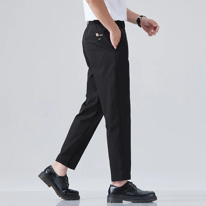 2026 Spring Summer Thin Ice Silk Suit Pants Men's Business Straight Slim High Elastic Ankle Length Casual Pants Male