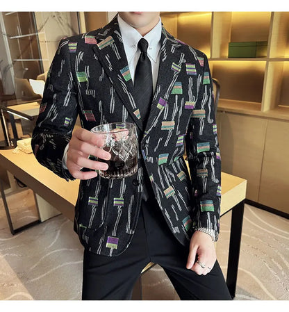 2025 New Luxury Denim Jacquard Suit Coats Men Fashion Slim Fit Suit Casual Business Party Coat Uniform Wedding Social Tailcoat