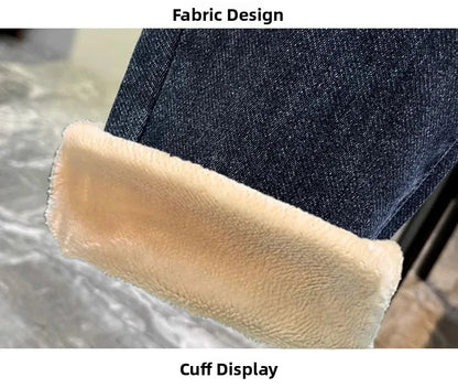 Warm Fleece Lined Elastic Waist Casual Straight Leg Men's Jeans Premium Quality Autumn Winter Thickened Stretch Denim Pants