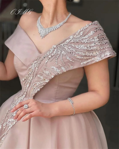 Off the Shoulder Midi Prom Dresses A-Line Organza  Women Sequined Short Sleeves Customized Evening Gowns Formal Party Dress