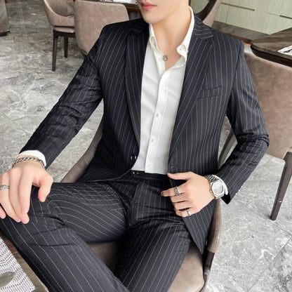 Men's Fashion High-Quality Slim Fit Two-Piece Suit Set Spring Autumn Stripes Business Casual Trousers And Jacket Combo