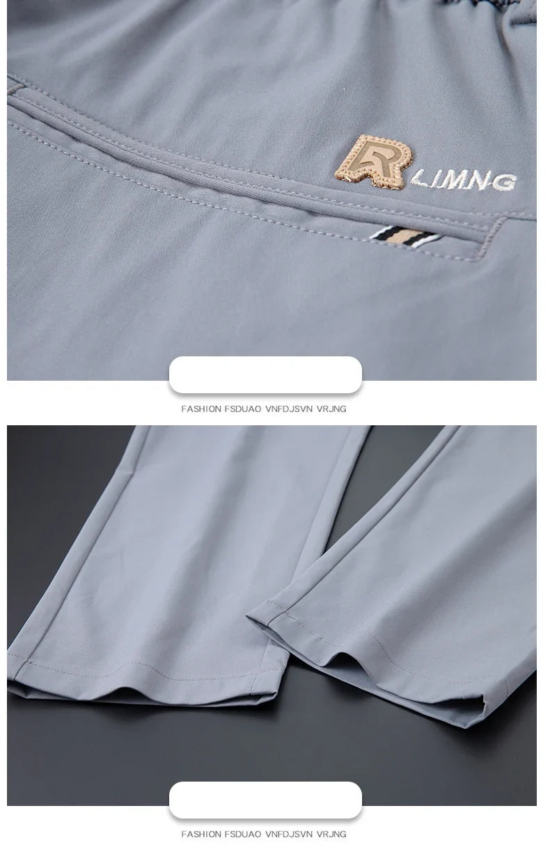 2026 Spring Summer Thin Ice Silk Suit Pants Men's Business Straight Slim High Elastic Ankle Length Casual Pants Male