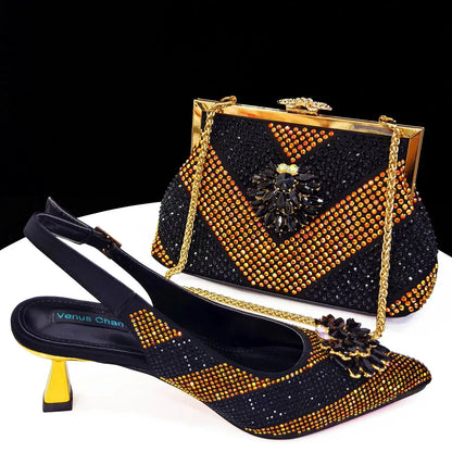 2024 Italian Design Rhinestone Luxury Wine Colour Pointed Toe Shoe & Bag Set Women's High Heels for Parties By Venus Chan