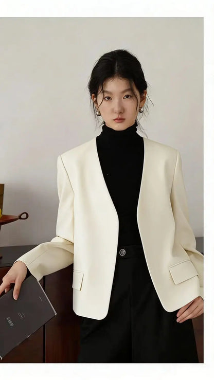Womens Gray Collarless Blazer Cropped Open Front Suit Jacket Casual Office Outerwear