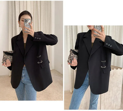 Women Black Oversize Casual Jacket New Lapel Long Sleeve Loose Blazer Fashion Pin Office Ladies Suits Coat Spring Autumn 2023