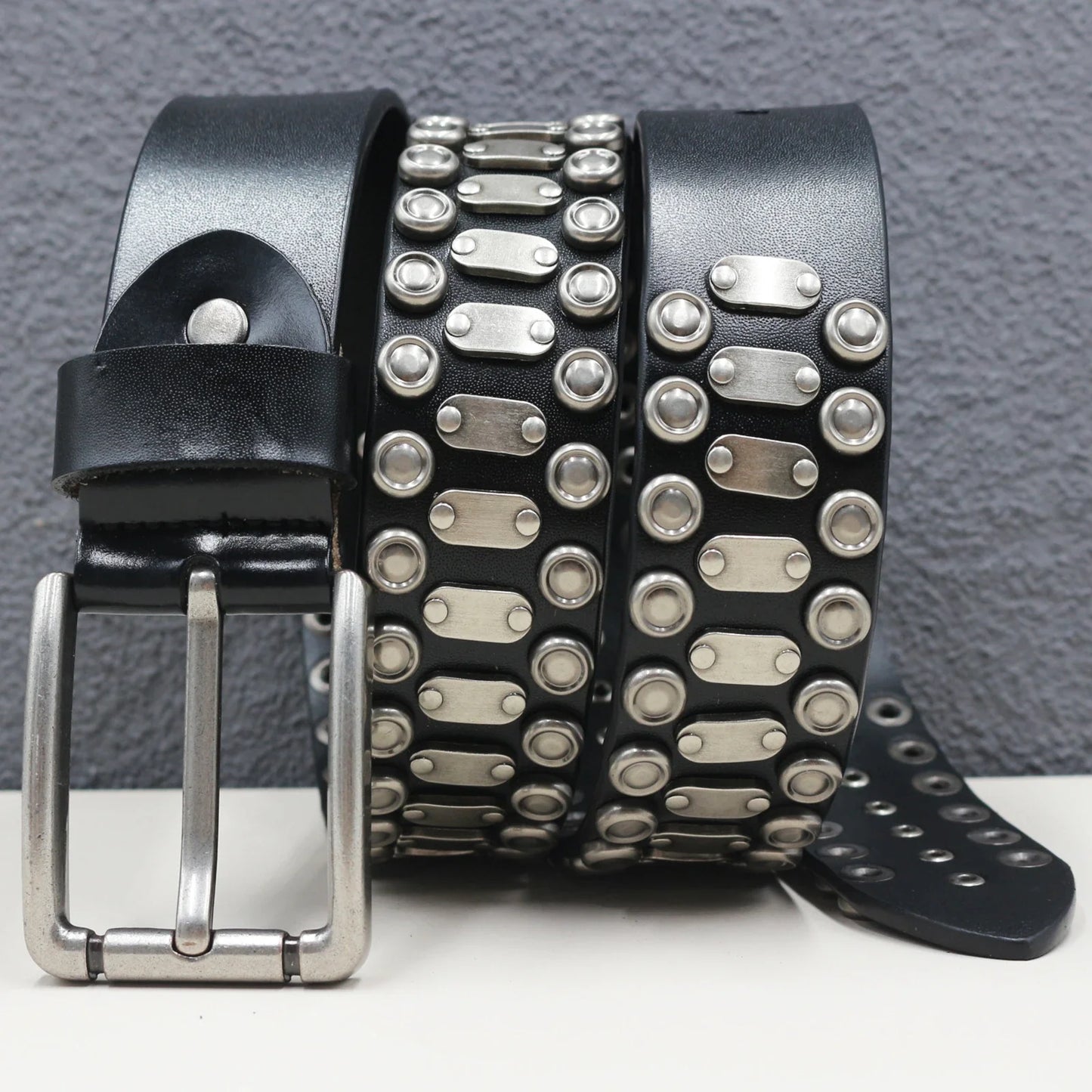 Rock Genuine Leather Luxury Punk Belt Jeans Heavy duty Hollow manual  Designer Brand Belt Men Rivet Three-pin buckle Belt Male