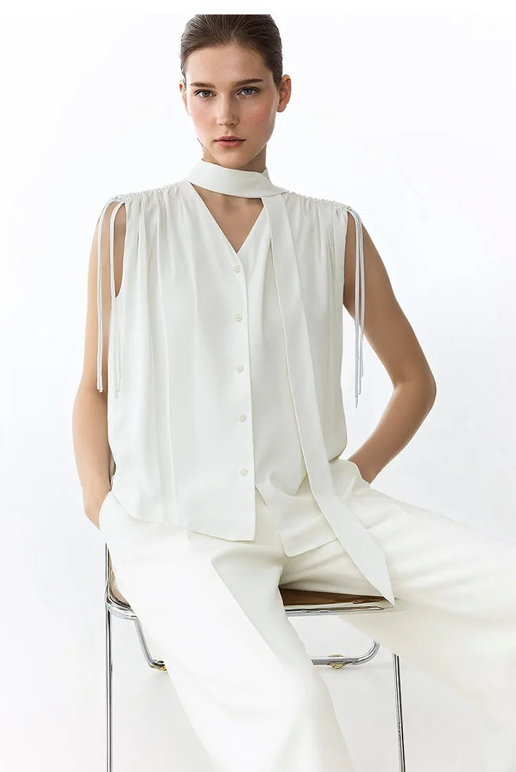 Sleeveless Women's Blouse 2026 Summer New Tie Neck Chiffon Top Flowy Loose Elegant Chic Office Shirt For Women 12642121
