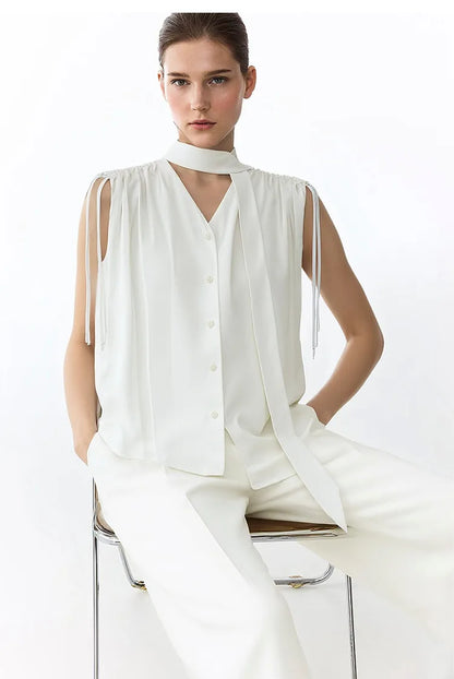 Sleeveless Women's Blouse 2026 Summer New Tie Neck Chiffon Top Flowy Loose Elegant Chic Office Shirt For Women 12642121