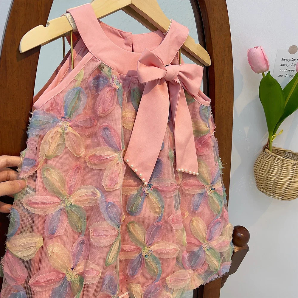 Bear Leader Girl Dress 2025 Summer New Girl Dress Princess Dress Little Girl Fashion Colorful Flower Yarn Dresses Kid Clothes