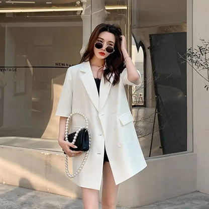 Korean Fashion Loose Thin Blazer Women Spring Autumn New Extra Large Mid Length Short Sleeved Women Coat Casual Outwear