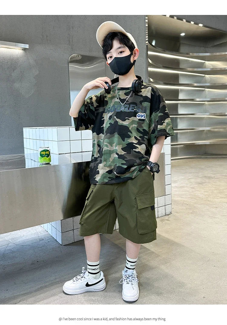Kids Summer Set Causal Camouflage Sportswear Two Piece Clothing Set for Teenage Boy Short Sleeve T-shirt Shorts Tracksuit Outfit