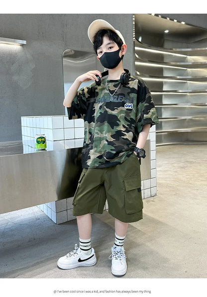 Kids Summer Set Causal Camouflage Sportswear Two Piece Clothing Set for Teenage Boy Short Sleeve T-shirt Shorts Tracksuit Outfit