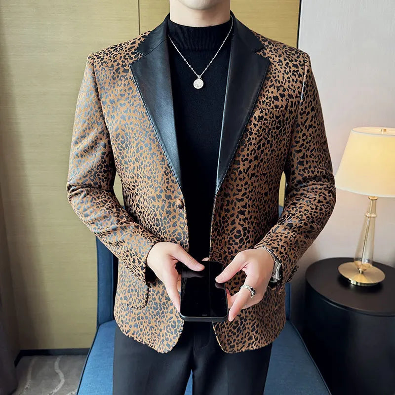 Splicing Leather Neck Casual Suit Jacket Fashion Leopard Men's Business Slim Fit Social Formal Blazers Wedding Groom Tuxedos