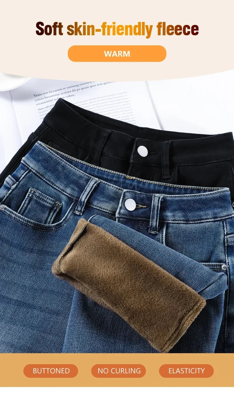 Winter Thickened Women's Mink Velvet Jeans Loose Straight Warm Soft Fleece Fashion Elastic High Waist Female Pants Black Blue