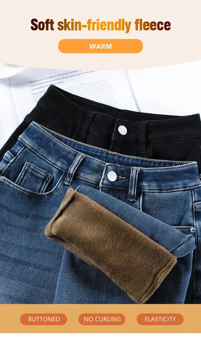 Winter Thickened Women's Mink Velvet Jeans Loose Straight Warm Soft Fleece Fashion Elastic High Waist Female Pants Black Blue