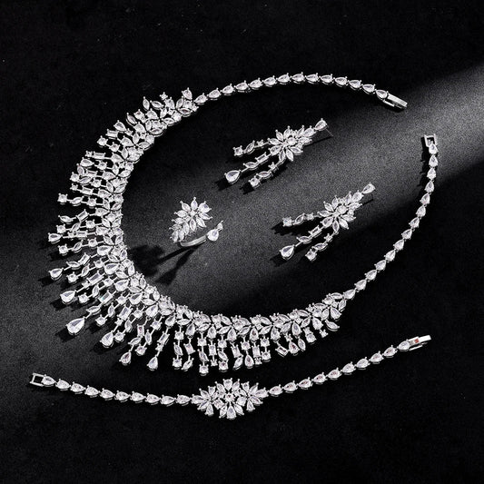 2024 New 4-piece Bride Zirconia Women's Party Jewelry Set, Deluxe Dubai Nigeria CZ Crystal Wedding Necklace Set