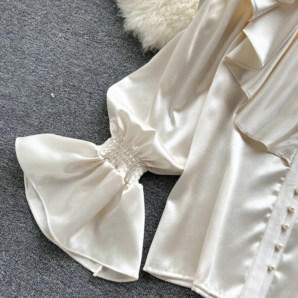 High Quality Satin Loose Shirt Long Flared Sleeves Ruffles O Neck Beading  Women Gentle Office Lady Casual Blouse