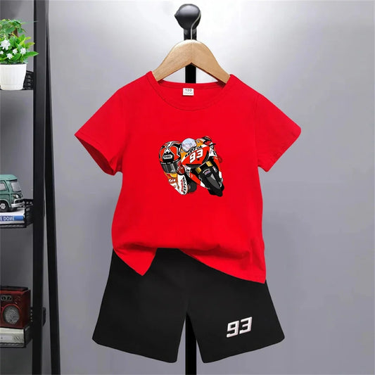 Summer Red Short Sleeve T Shirt + Shorts 2 Piece Motorcycle Race Car Number 93 Children Clothes Casual Boy Girl Kid Tracksuit