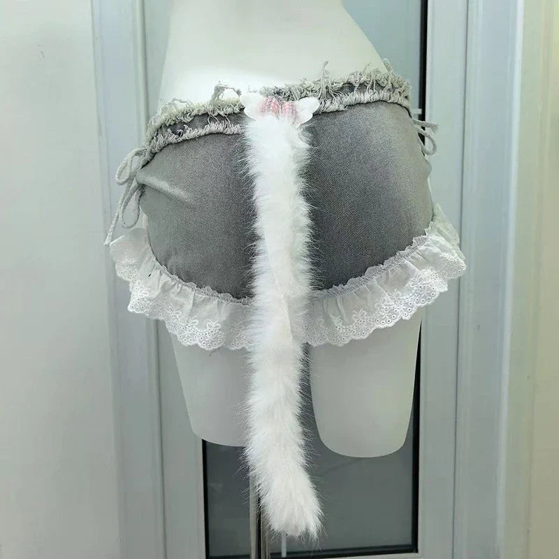 Y2K Sexy Lace Up Denim Shorts Women Summer Streetwear Cute Doll Splicing Hot Girl Shorts Fashion Low Waist Lace Patchwork Jeans