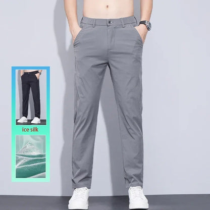 Men's Ice Silk Trousers Solid Color Korean Loose Breathable Straight-Leg Casual Pants Thin Quick-Drying Sports With Pockets