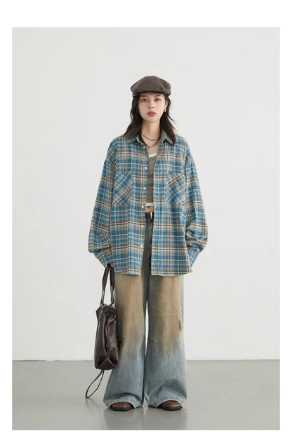 Women's Cotton Shirt Single Breasted Loose New Retro Color Blocked Grid Female Blouses Autumn Spring 2026