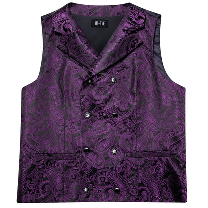 Dark Purple Men Vest Elegant Silk Paisley Jacquard Waistcoat Jacket NeckTie Hanky Cufflinks for Men Business Party Hi-Tie