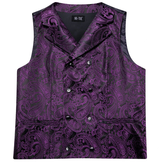 Dark Purple Men Vest Elegant Silk Paisley Jacquard Waistcoat Jacket NeckTie Hanky Cufflinks for Men Business Party Hi-Tie