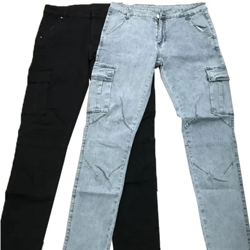 Man Business Casual Cargo Jeans Male Stylish Tide Brand Stretch Pants Spring Summer Grey Brand New Fit Straight Lightweight