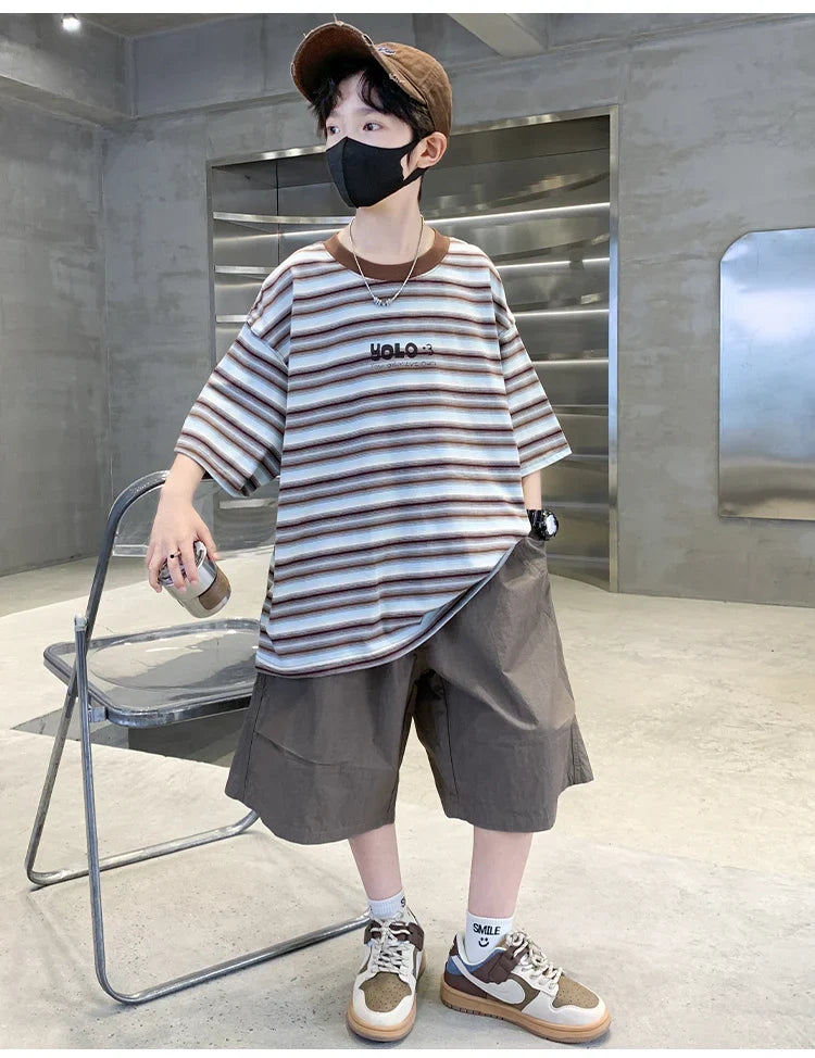 2026 Children Summer Clothes Set for Teen Boy Cotton Striped T-Shirt Shorts Two Pieces Outfit Suit Kids Clothing 5 7 9 11 13 14Y