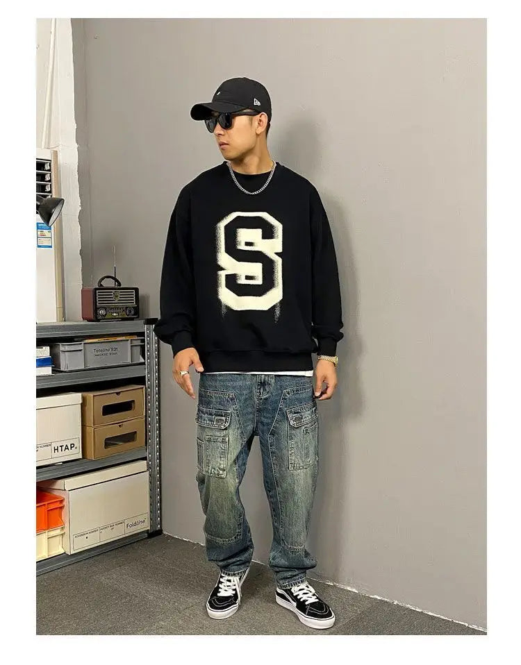 Autumn American Casual Ruffian Handsome Washed Retro Tooling Jeans Men's Straight Loose High Street Tapered Pants Tide