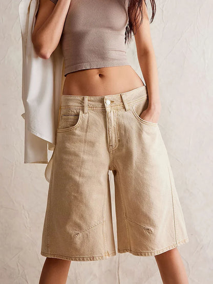 New Womens Knee Length Denim Shorts Solid Color Low Waist Wide Leg Jean Shorts For Summer Club Street Style S-2XL