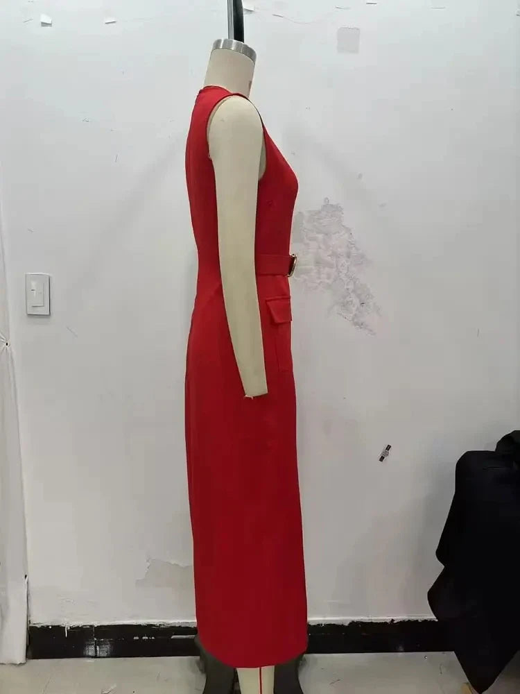 Female Summer Elegant Midi Dress O-Neck Hem Slit With Belt Sleeveless Single Breasted Back Zipper Fashion Long Dress