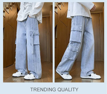Autumn New Men's Loose Jeans Multi-pocket Work-wearing Jeans Street Hip-hop Straight Wide-leg Pants Baggy Dance Pants