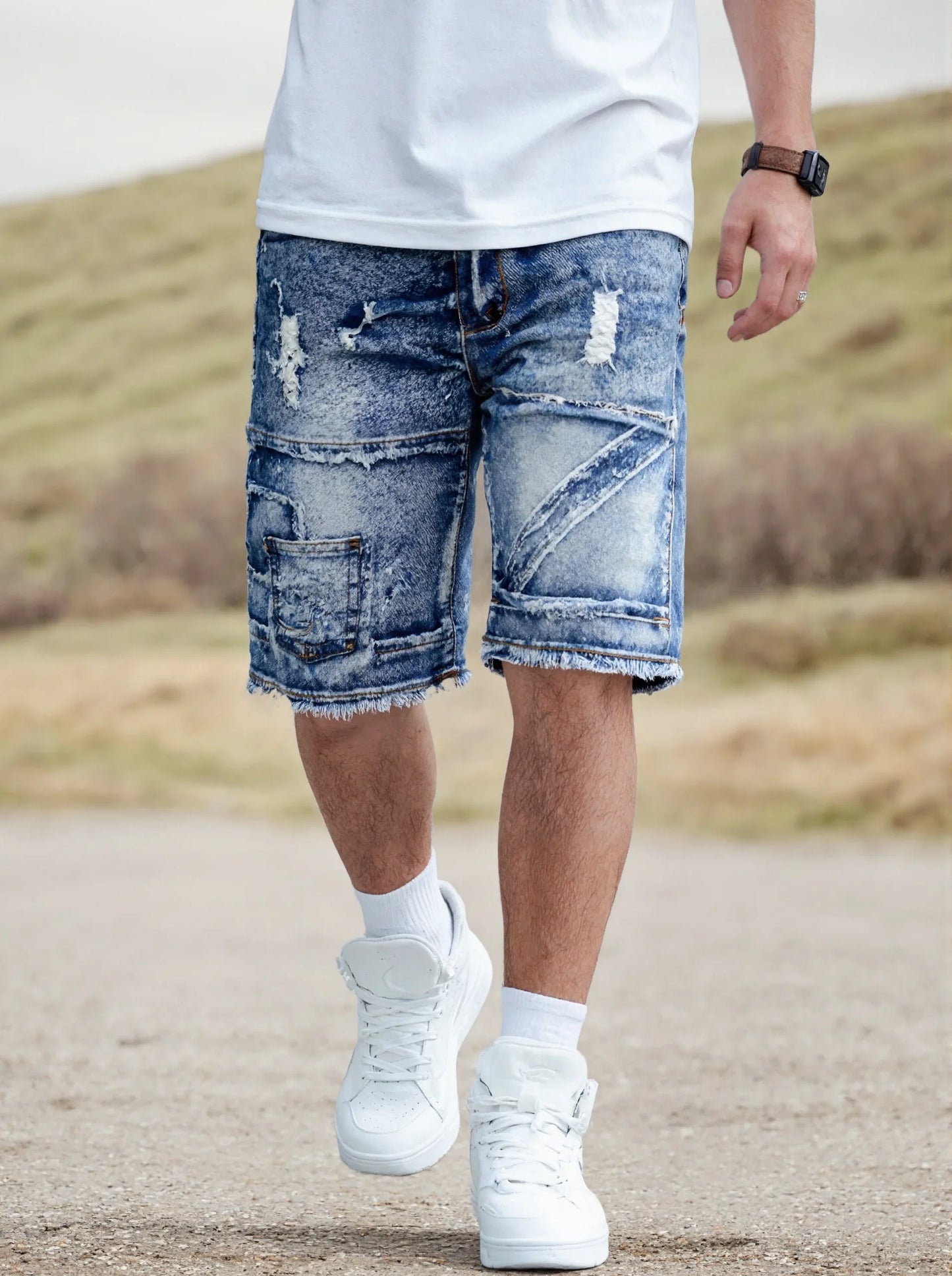 Men's Casual Spring/Summer Denim Shorts - Distressed Denim Shorts with Frayed Edges and Patchwork Details, Fashionable Street-St