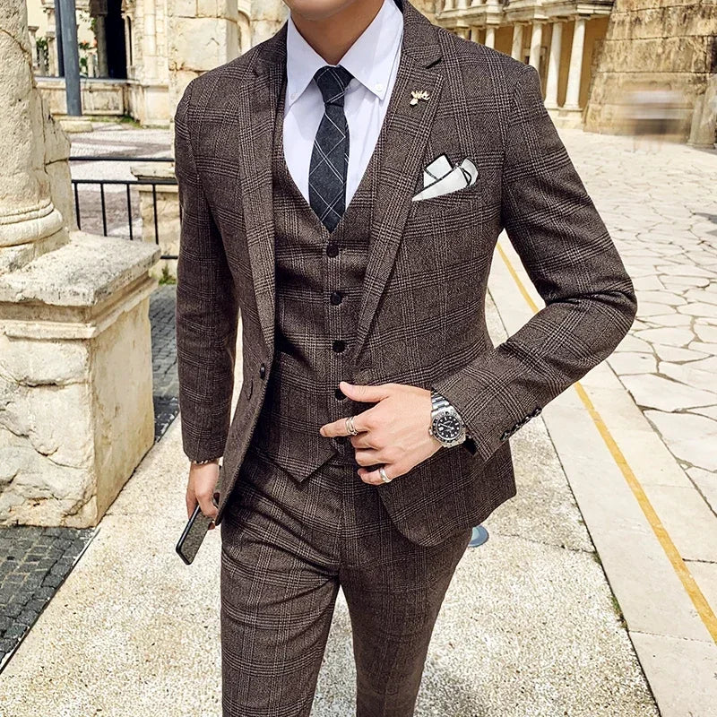 Men's Suit 3 Piece, Business Casual Jacket Vest with Trousers, Gray Dark Brown Slim Fit Suit, Asian Size M-5XL