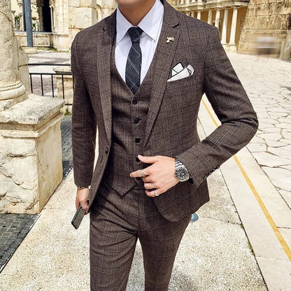 Men's Suit 3 Piece, Business Casual Jacket Vest with Trousers, Gray Dark Brown Slim Fit Suit, Asian Size M-5XL