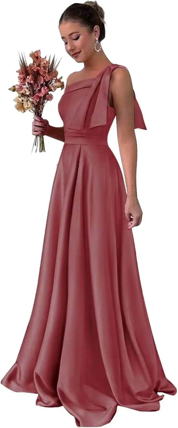 One Shoulder Large Bow Bridesmaid Dress with Pleated Satin and Pockets Simple ,Stylish Ball Dressadies' Guest One Shoulder Dress
