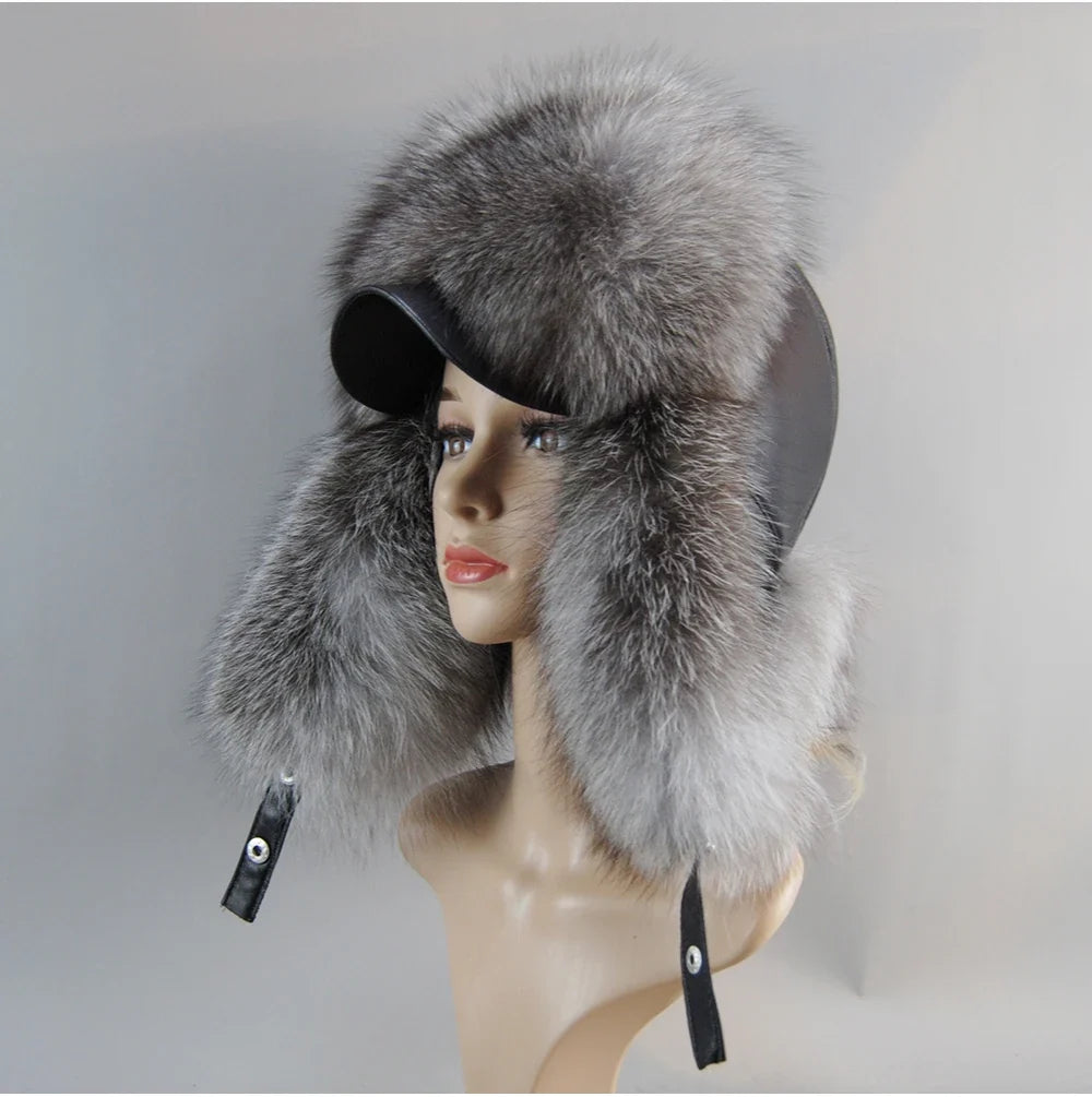 100% Real Fox Fur Hat Women's Russian Ushanka Aviator Trapper Snow Skiing Hat Caps Earflap Winter Raccoon Fur Bomber Hat